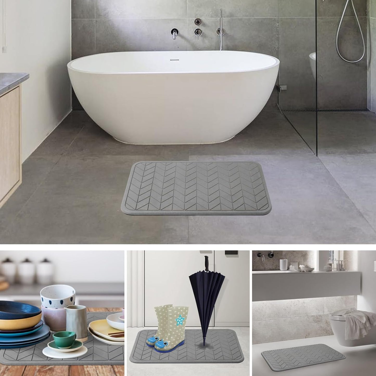 Stone Bath Mat, Diatomaceous Earth Shower Mat, Non-Slip Super Absorbent Quick Drying Bathroom Floor Mat, 2 Pack, Grey