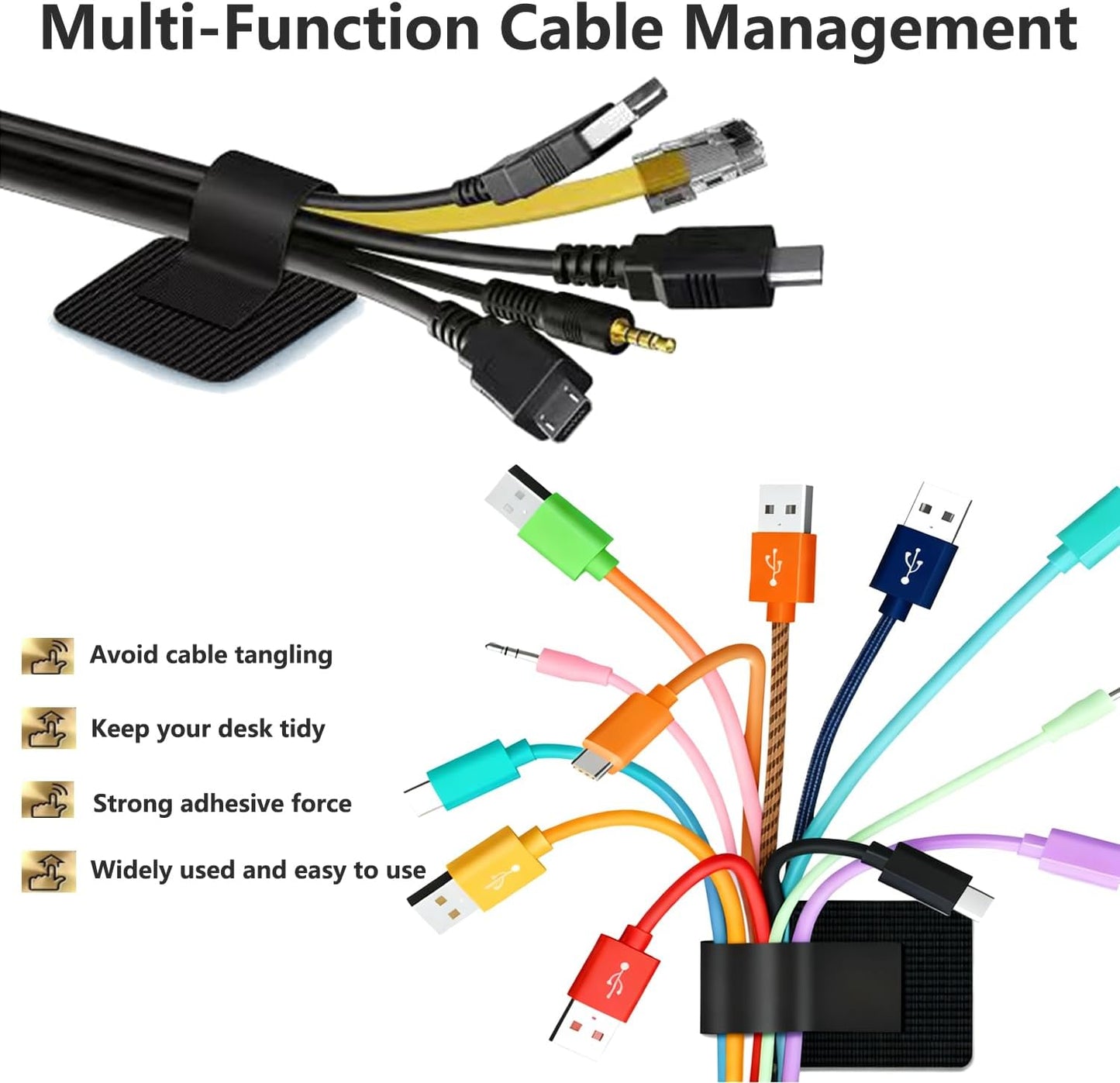 Desk Cable Management, Wire Organizers for Cords - Upgrade 48 PCS Black Sticky Back Self Adhesive Cable Ties, Hook and Loop Straps for Home or Office Use