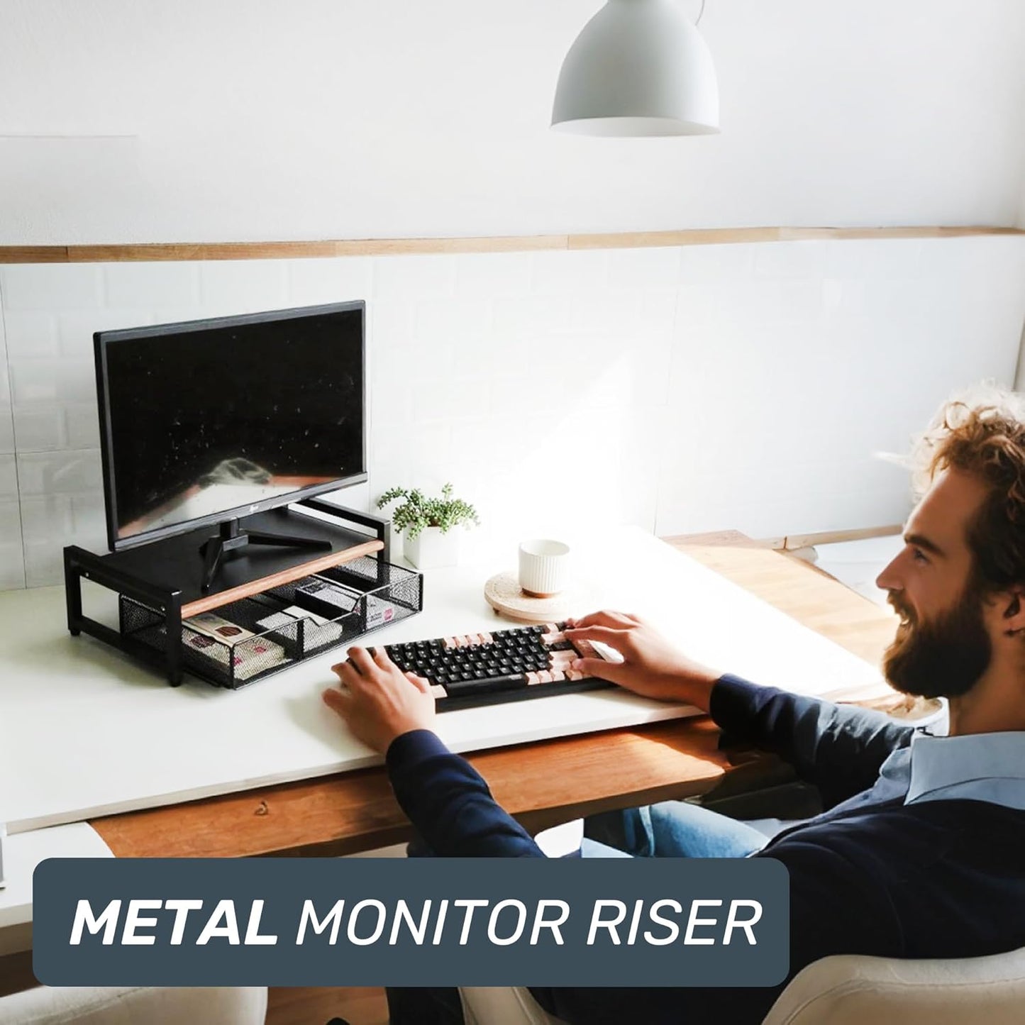 Monitor Riser,Monitor Stand for Desk -Metal Computer Riser with Solid Wood Decorative Strips.Desk Storage for Office, Home (with Storage)