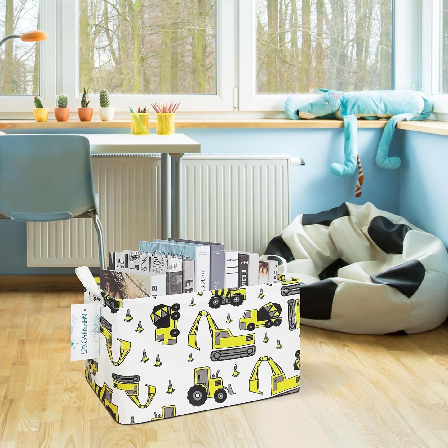 LANGYASHAN Rectangular Storage Bin Collapse Canvas Fabric Cartoon Storage Basket with Handles for Organizing Home Kitchen Boys and Girls Toys Office Closet Shelf Baskets (Rec Engineering Vehicle)