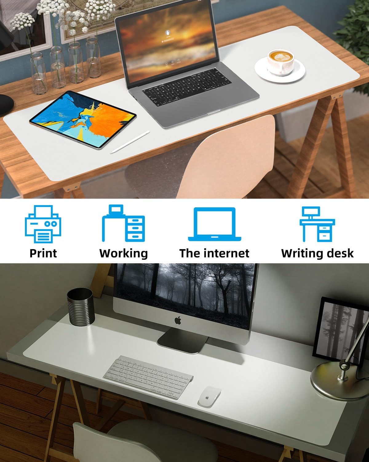 Leather Desk Pad Protector, Large Desk Mat, Mouse Pad, Non-Slip PU Leather Desk Blotter,Desk Cover mat,Desk mat for Keyboard and Mouse,Mat for Office&Home (White, 48" x 17")