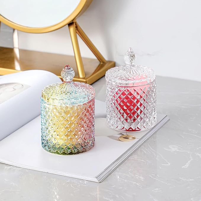 Qtip Holder Glass Apothecary Jars with Lid Bathroom Accessories Vanity Organizers and Makeup Storage for Cotton Swabs, Makeup Sponges, Bath Salts, Canister Dispenser, 2 Pack Rainbow