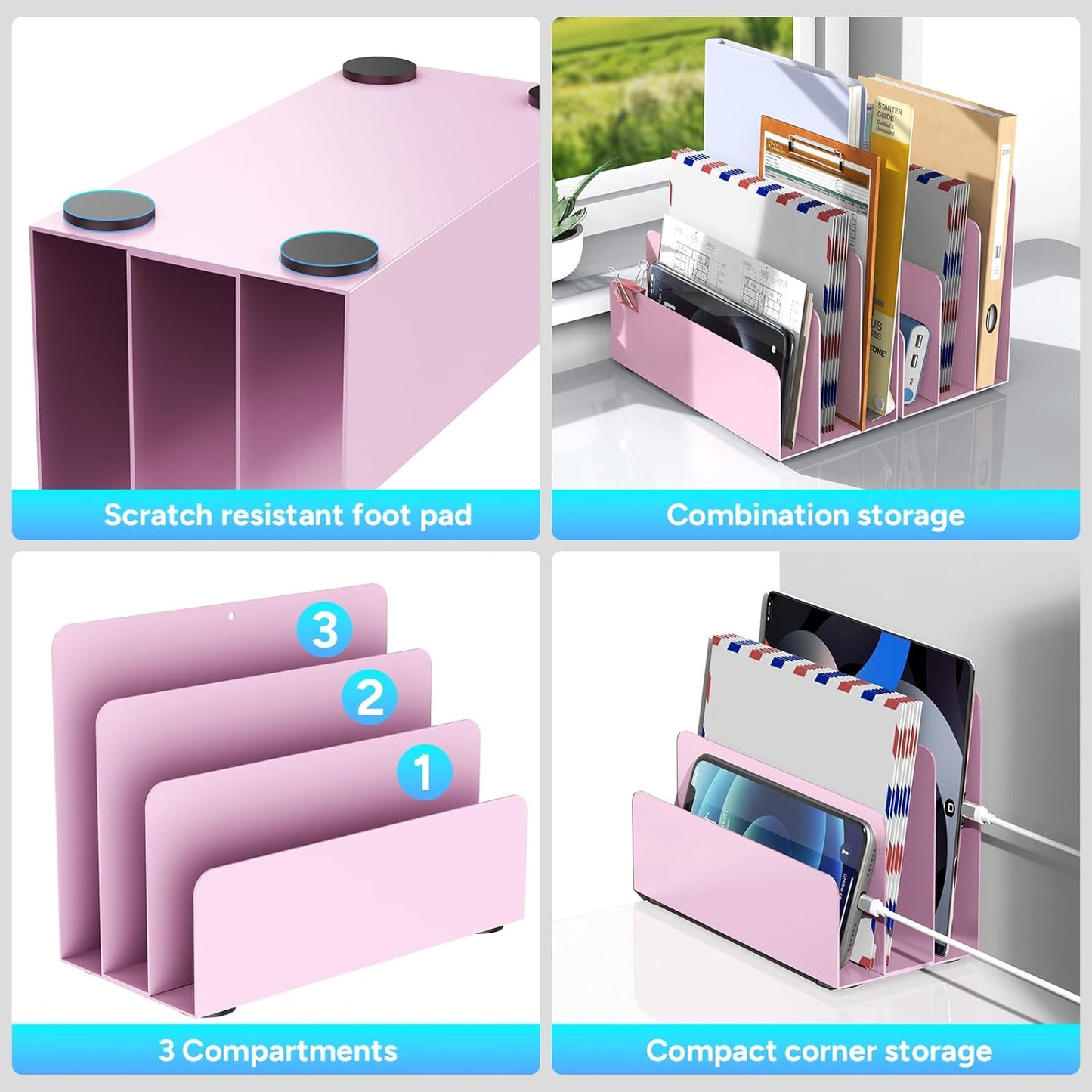 Mail Organizer Countertop, Small Desk File Organizer, Metal File Holder - Essential Workspace Organizers for Office Desk, Home Office (Pink)