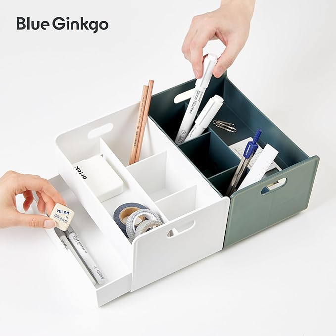 BLUE GINKGO Portable Desk Organizer – Compact 3 Compartment, Half-drawer Storage – Pen Holder, Stationery Desktop Organizer for Office, Makeup, Crafts (Made in Korea, Green)