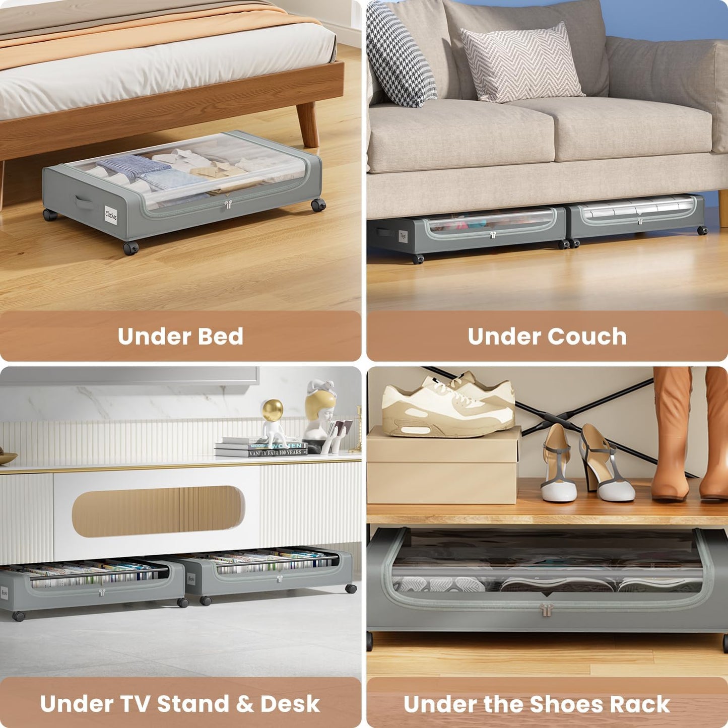 Under Bed Storage Containers with Clear Lid, Large Under Bed Storage with Wheels,6.22"H Under Bed Containers Rolling Under Bed Cart, Fabric & Metal Frame Under Bed Drawer for Clothing ;Grey, 4 PCS