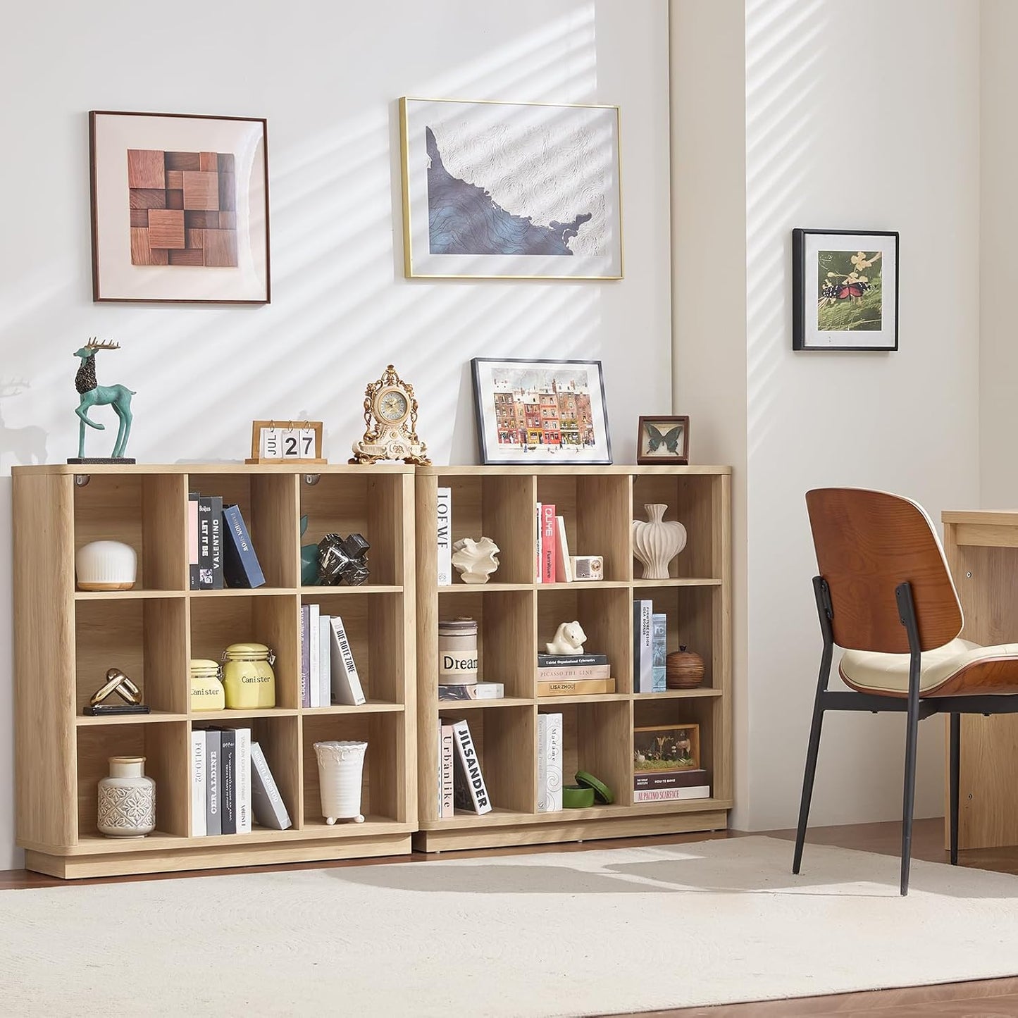 9 Cube Storage Book Shelf, 41" Tall Organizer Bookshelf with Curved Edge, Floor Standing 3-Tier Wood Cubby Bookcase with Base, Modern Display Book Case for Living Room, Home Office,Natural Oak