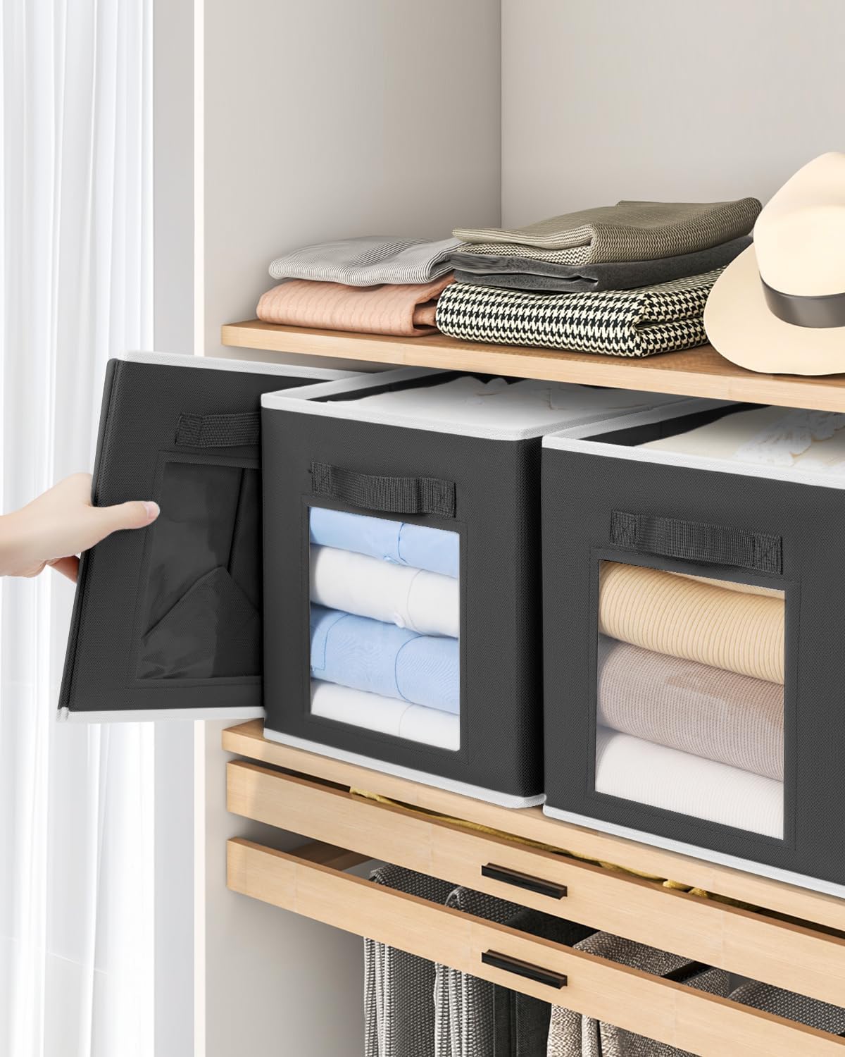 Foldable Storage Cubes - Cube Storage Organizer with Window, Decorative Baskets for Organizing, Fabric Bins for Clothes , 11 inch Black Closet bins, Set of 12, Black