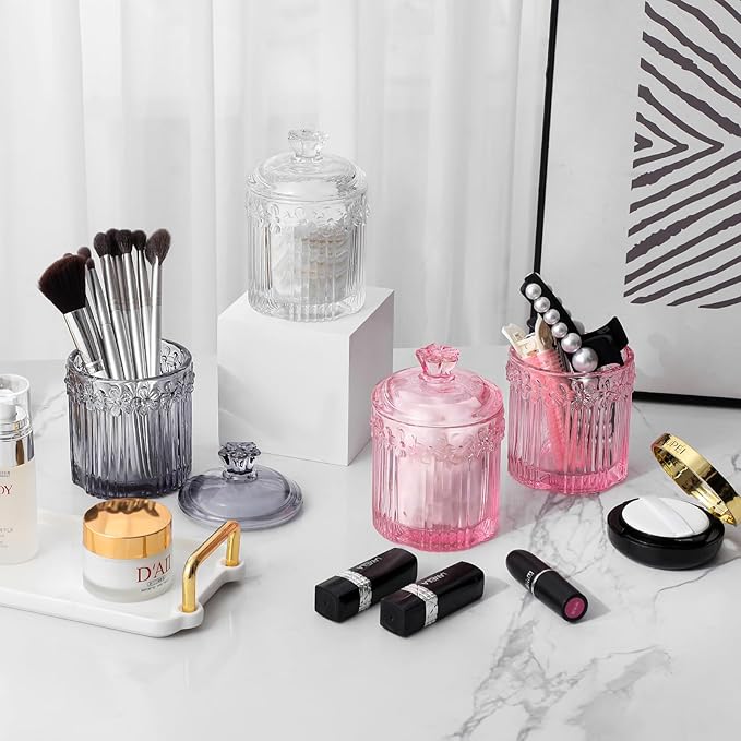 rejomiik 2 Pack Qtip Holder Glass Apothecary Jars with Lids Set Bathroom Canisters Dispenser Organizers and Storage for Cotton Swabs, Balls, Pads, Floss Picks, Candy, Grey