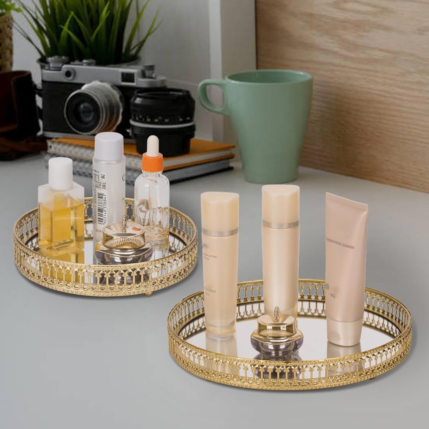 Gold Mirrored Vanity Tray for Bathroom Counter,Metal Decorative Jewelry Storage Tray Cosmetic Perfume Organizer for Dresser,Bedroom,Home Decor,Suit for Candle Holder,Coffee Table Centerpiece,L