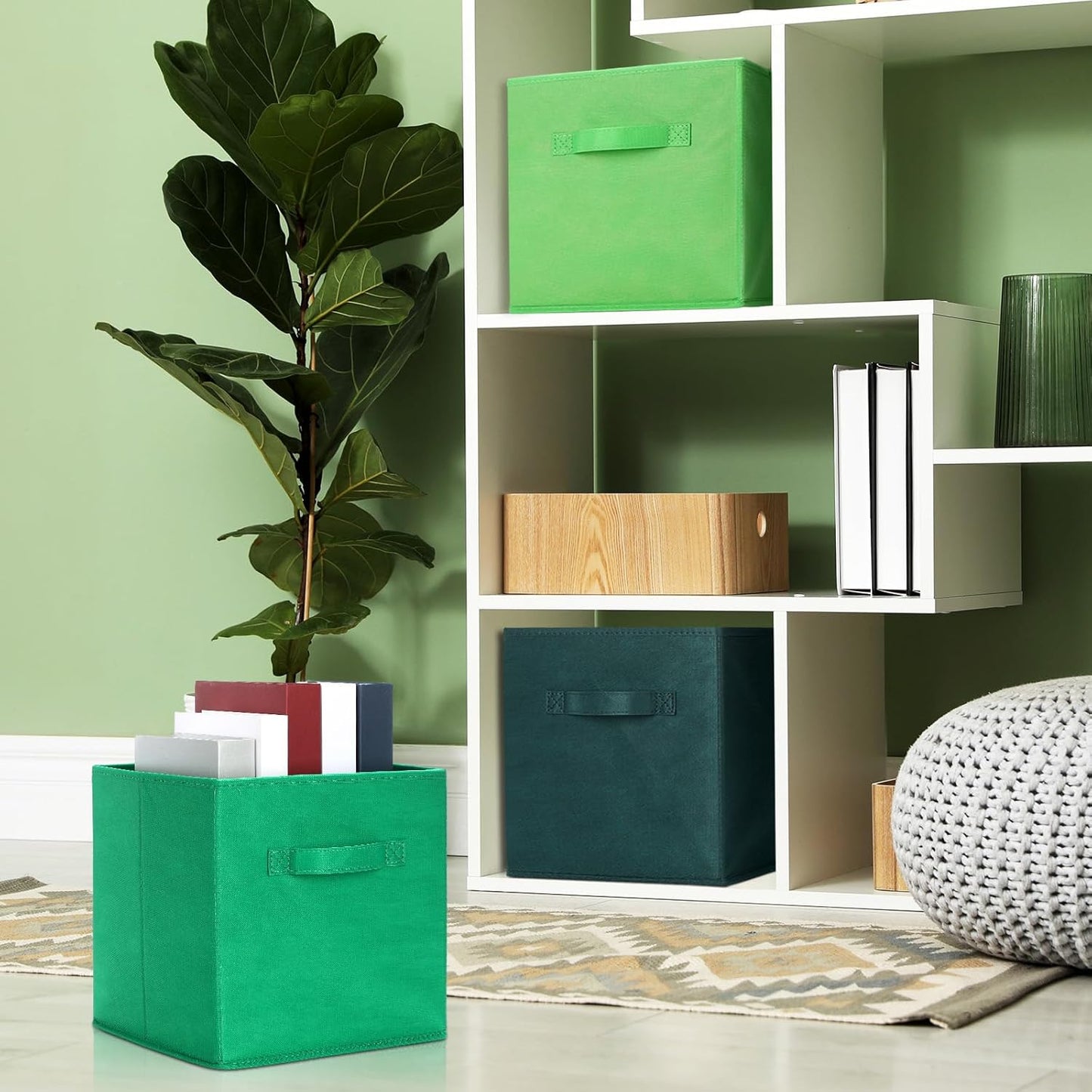 Karenhi 11" x 10. 5" x 10. 5" Green Storage Cube, 6 Pack Fabric Cube Storage Bins Organizer Box, Collapsible Baskets with Handles Foldable Shelf for Cloth Toys Home Room Closet, Pack of 6