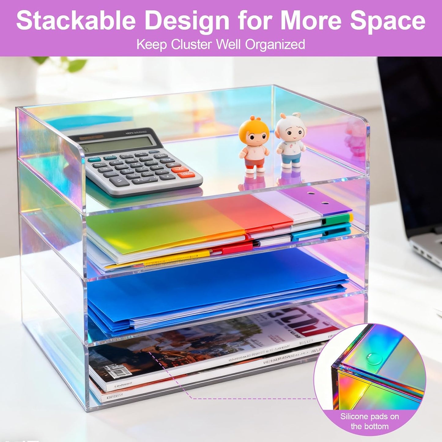 Gelite Acrylic File Organizer for Desk 4 Tiered Stackable Letter Tray Office Paper Storage Desktop Document Sorter, Iridescent