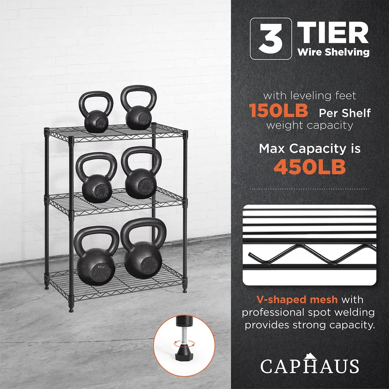 CAPHAUS 3/4/5-Tier Adjustable Height Wire Shelving Unit, Rack Shelving, Metal Steel Shelves, Garage Organizer, Utility Storage Shelf, 3-Tier Without Wheels, Black