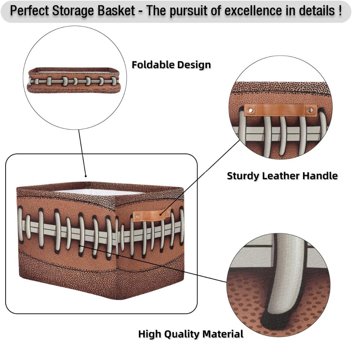 American Football Storage Basket for Shelves, Storage Bins with Handles, Collapsible Basket for Organizing, Closet Toy Baskets for Nursery Room, 15x11x9.5 in, Canvas, Retro Football