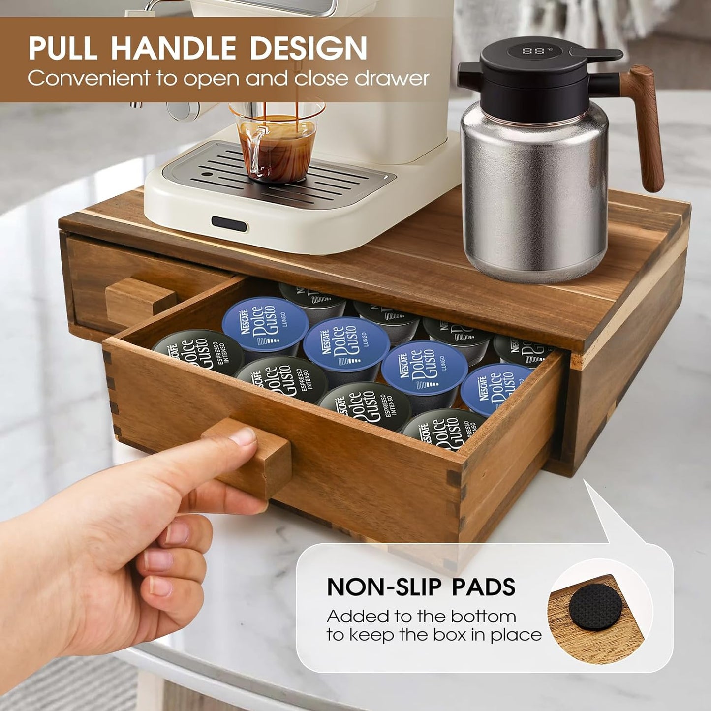 Acacia Wood K Cup Holder,Coffee Pods and Tea Bag Storage Organizer,with Two Drawers Kcup Holders for Counter,Multi-Functional Coffee Maker Stand