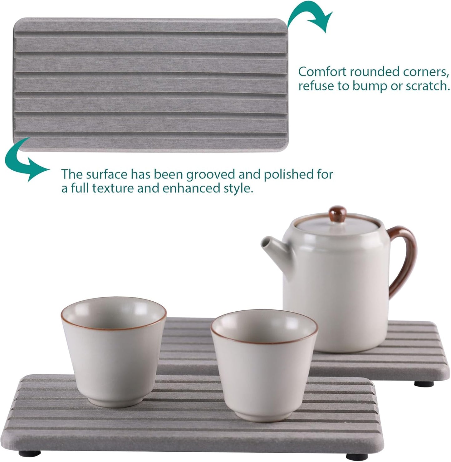 2 PCS Water Absorbent Diatomite Coasters Rectangle, Grooved Design, Water Absorbing Stone Used for Hand Soaps & Plants & toiletries in The Modern Home