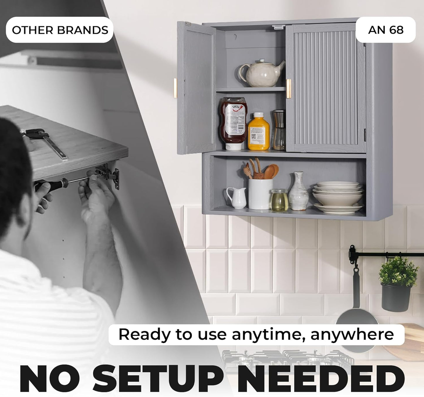 Bathroom Storage Cabinet – Pre-Assembled Wall-Mounted Medicine Cabinet with 2 Doors and Fixed Shelf, Over-The-Toilet Floating Organizer for Bathroom, Living Room, Kitchen, Laundry (Grey)