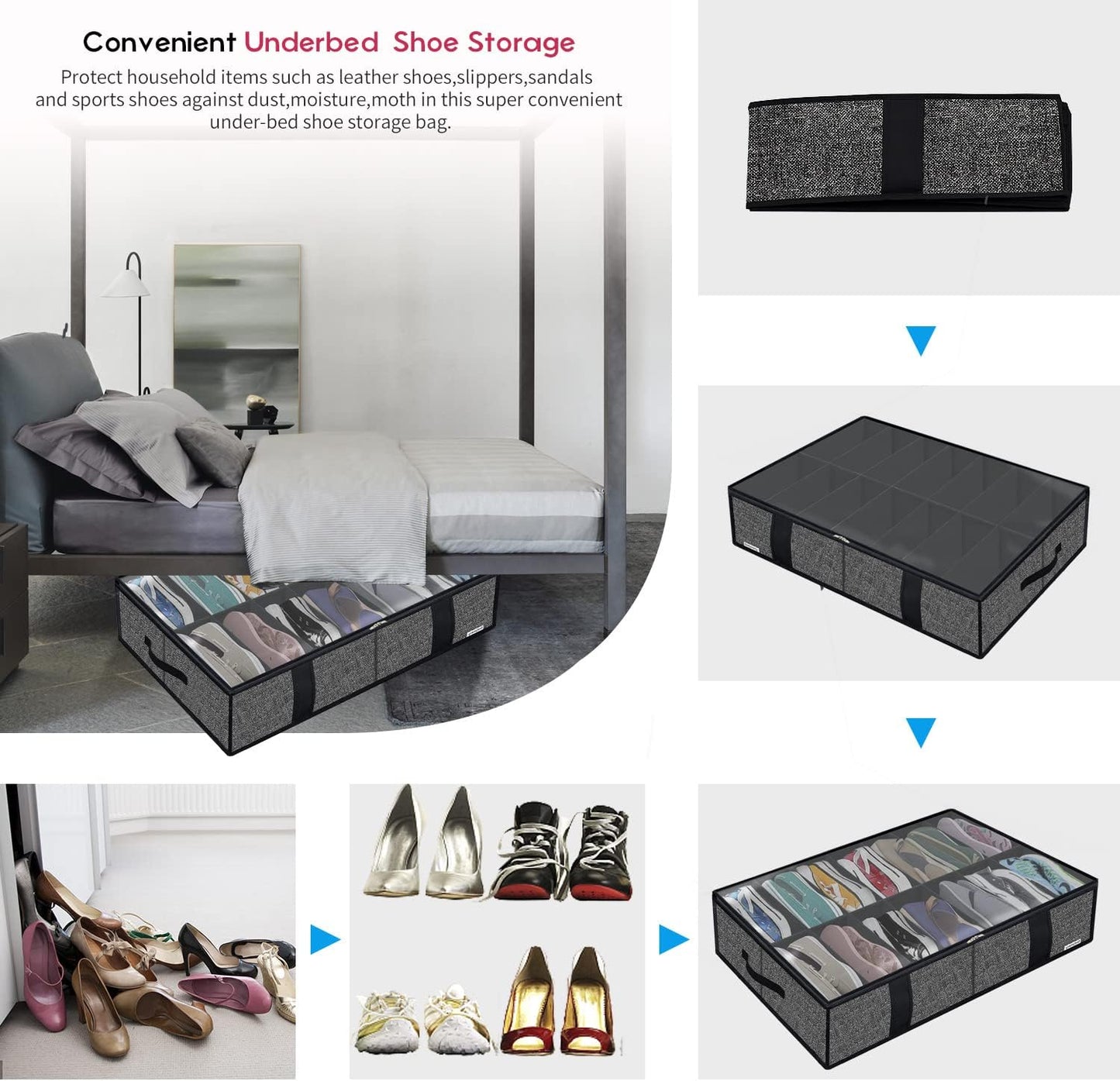 Onlyeasy 2 Pack Under Bed Shoe Storage Organizers with Handles & Clear window (Fit 14 +14 Pairs), Sturdy Underbed Box Organizer Shoe Storage Bags for Kids & Adults, Linen-like Black, MXAUBS14S14