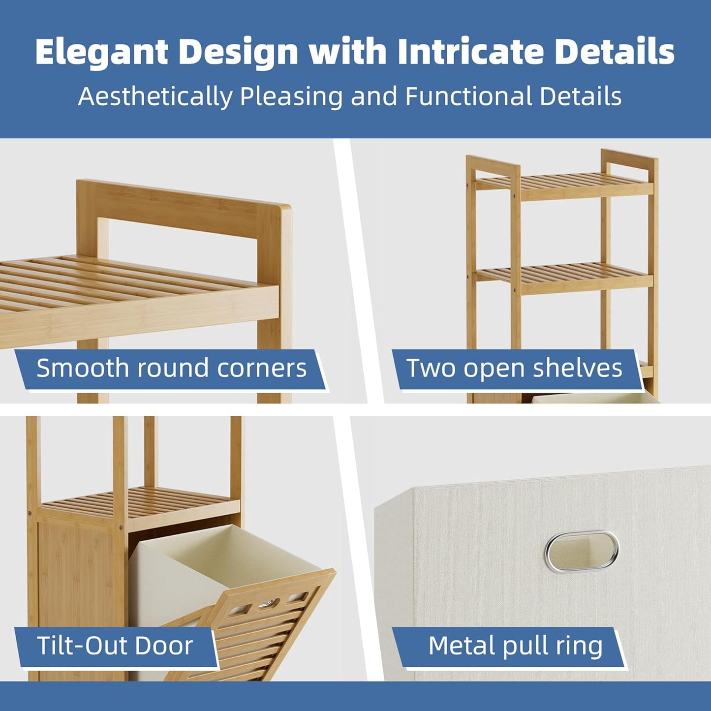 HITNET Tilt Out Laundry Hamper, Bamboo Laundry Basket with Foldable Bag and 3 Open Shelves, Freestanding Clothes Storage Organizer for Bedroom, Bathroom, Living Room, Natural