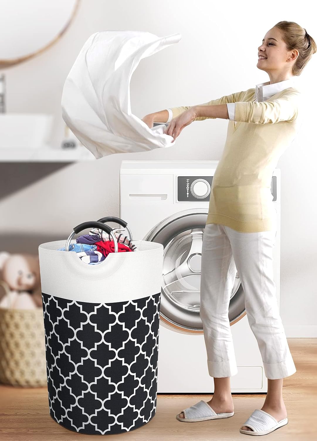 Large Laundry Basket Laundry Hamper Bag Washing Bin Clothes Bag Collapsible Tall with Handles Waterproof Travel Bathroom College Essentials Storage for College Dorm, Family (Black) 75L