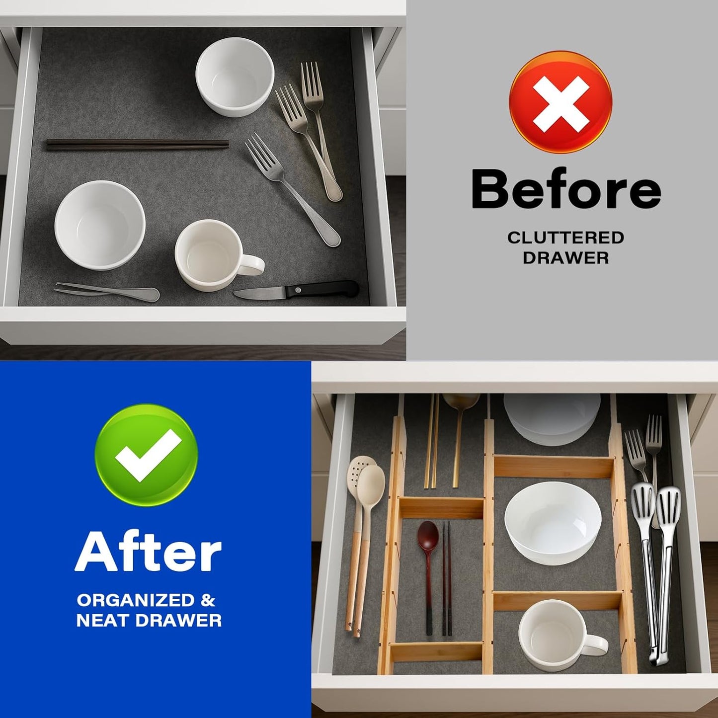 6 Pack Bamboo Drawer Dividers with 12 Inserts Expandable Adjustable 17" to 22" Drawer Organizers Separators for Kitchen, Bedroom, Home, Clothes, Dressers, Office