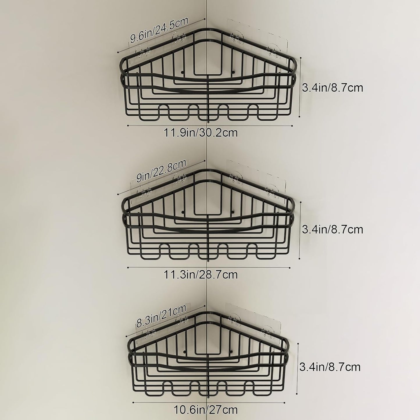 Black corner shower caddy with depth caddy and Built in 12 hooks rustproof wall mounted No drilling No marring adhesive bathtub corner storage for bathroom kitchen and laudry room