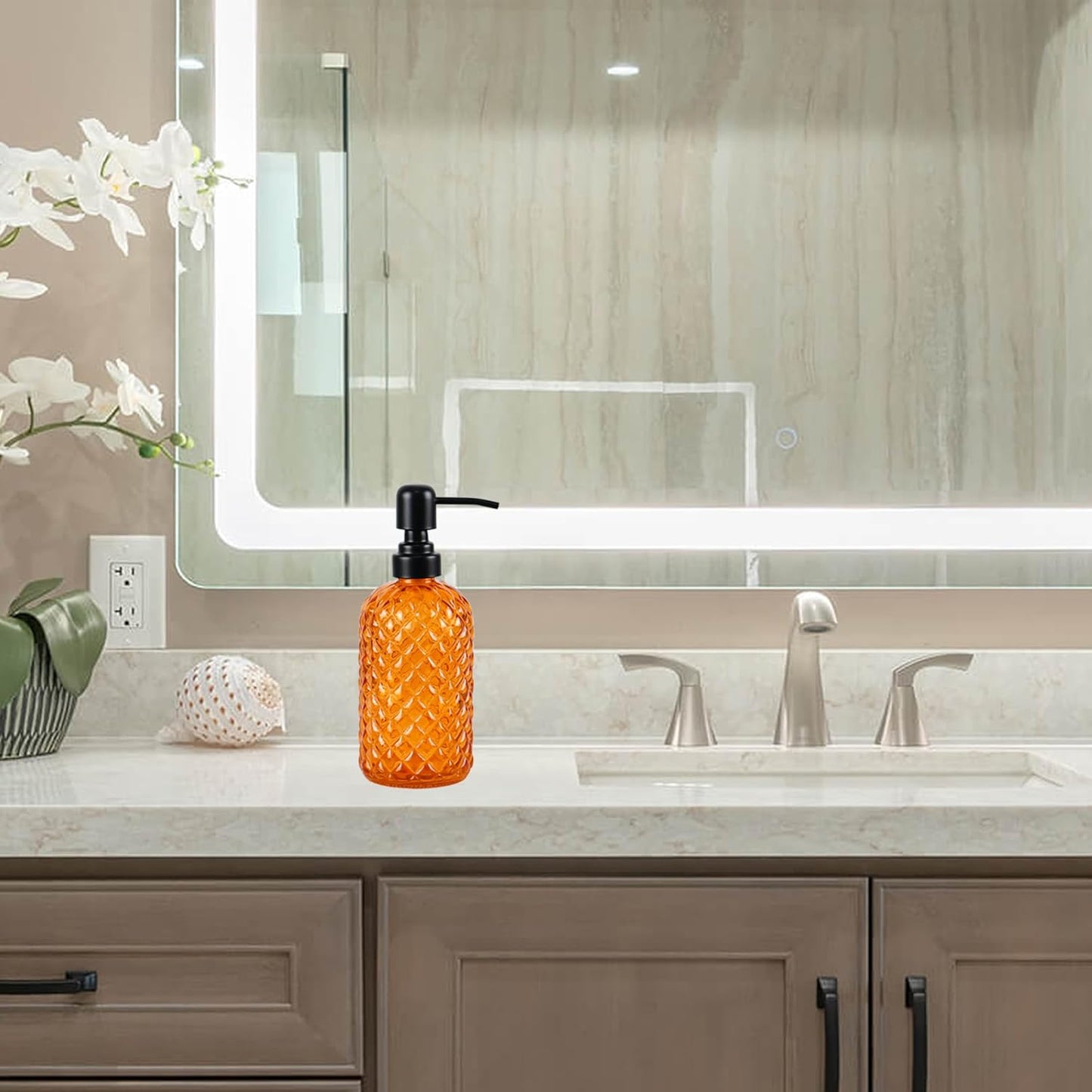 12Oz Glass Soap Dispenser with 304 Black Rustproof Stainless-Steel Pump, Refillable Glass Soap Dispenser for Kitchen, Bathroom, Farmhouse (Orange)