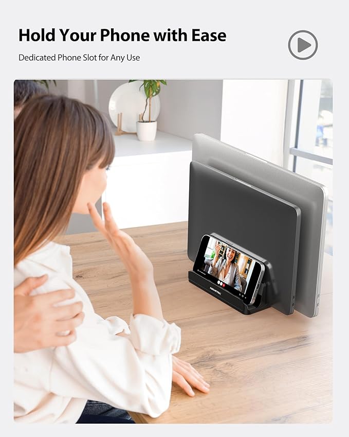 AboveTEK Vertical Laptop Stand Holder, 3 Slots Aluminum Desk Stand with Adjustable Dock Size for Tablet, MacBook, Phone - Universal Fit (up to 17.3") - Heavy Duty Polished, Anti Slide - Black