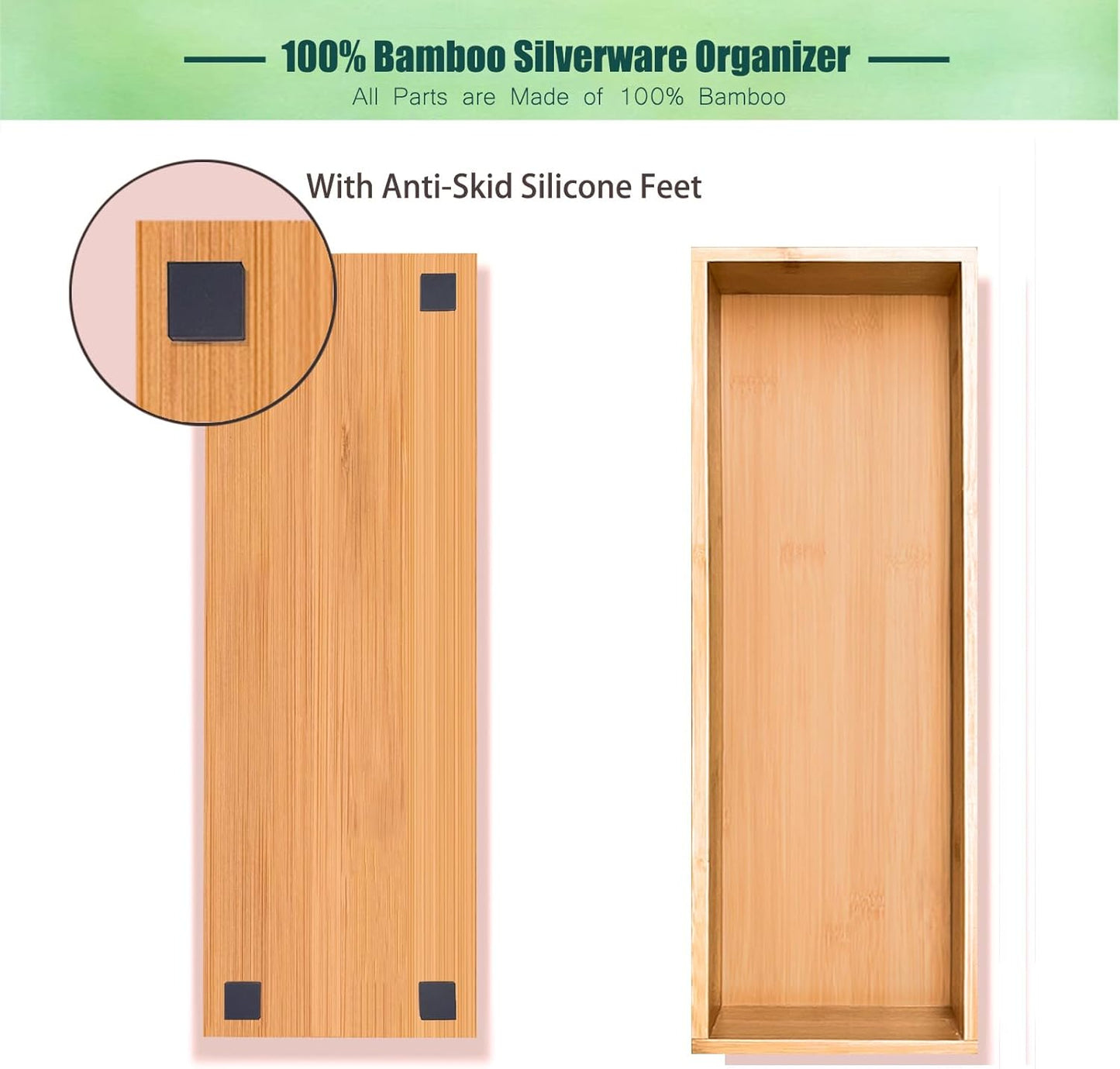 Bamboo Drawer Silverware Organizer, Flatware Organizers, Multi-purpose Bamboo Storage Box for Kitchen, Offices and Dressing table 11.5" x 3.15" x 1.8" (Set of 2)