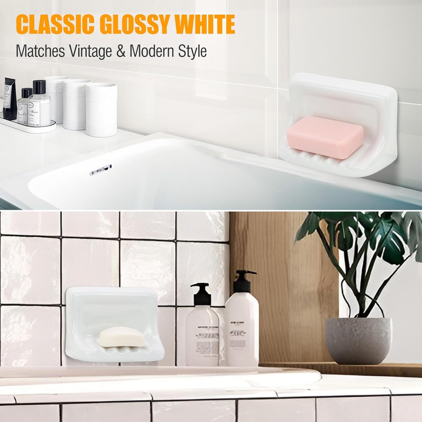 Shower Wall Soap Holder & Ceramic Soap Dish - Fits 4x4 Inch & Any Tile Walls, Heavy-Duty Flat-Back Design with Drainage Slope, No-Slip, Classic White
