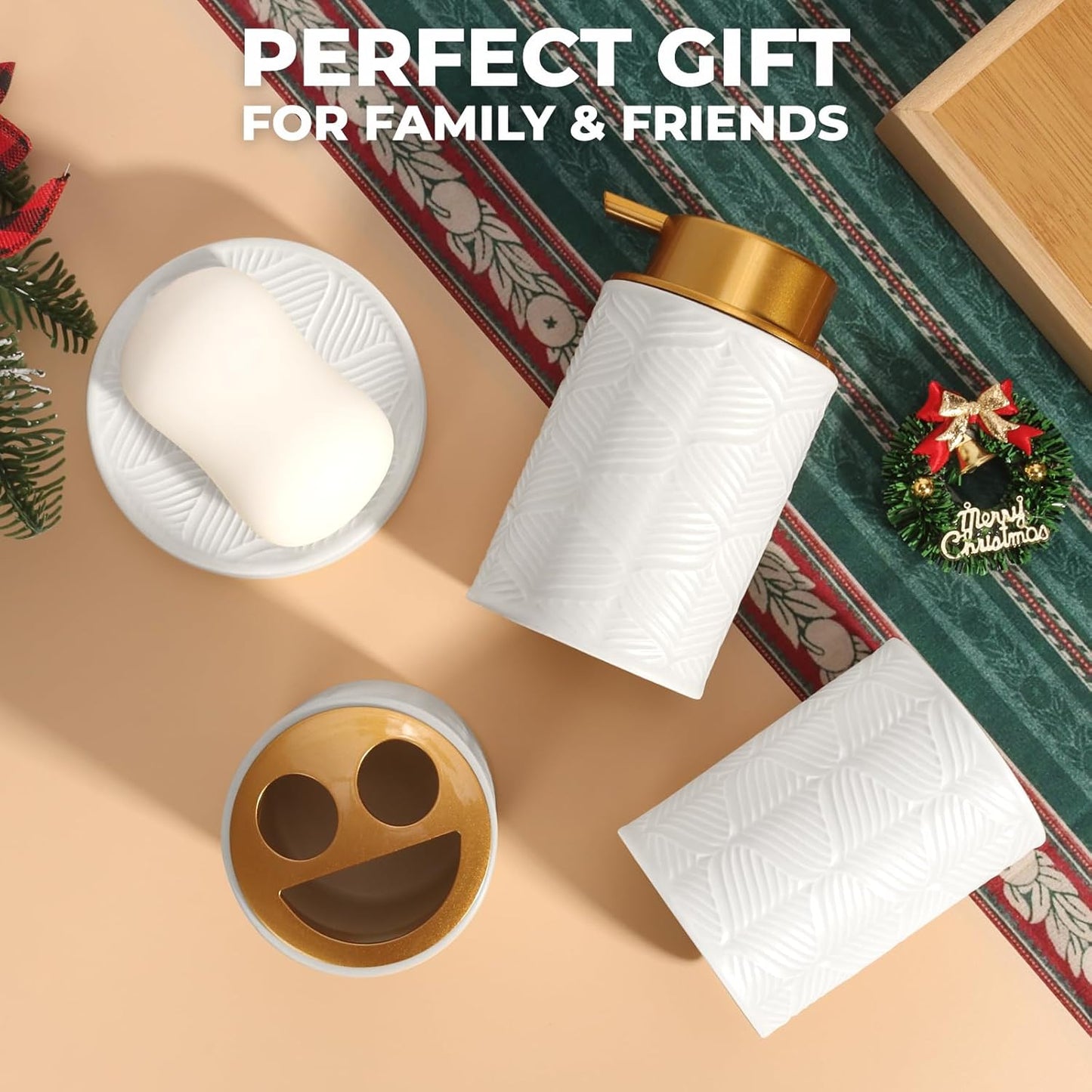 Ceramic Bathroom Accessories Set, 4 Pcs-Includes Lotion Soap Dispenser, Toothbrush Holder, Vanity Tray, and Tumbler, Modern Bathroom Decor Organizer with Soap Dish, Apothecary Jar, White Color