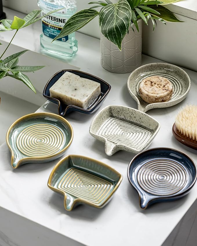 Soap Dish with Self-Draining Design, Ceramic Soap Holder with Drain Spout Soap Tray for Shower, Bathroom and Kitchen Sink, Keep Bar Soap Dry, Speckled Glaze