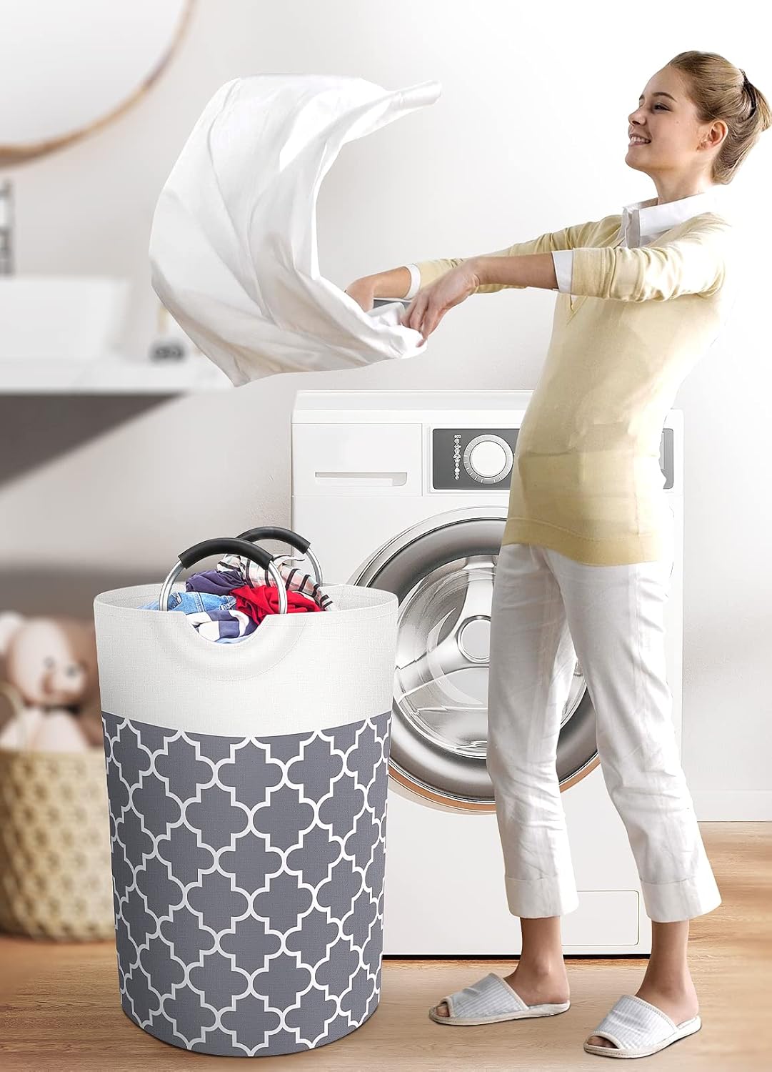 Large Laundry Basket Laundry Hamper Bag Washing Bin Clothes Bag Collapsible Tall with Handles Waterproof Travel Bathroom College Essentials Storage for College Dorm, Family (Grey) 75L