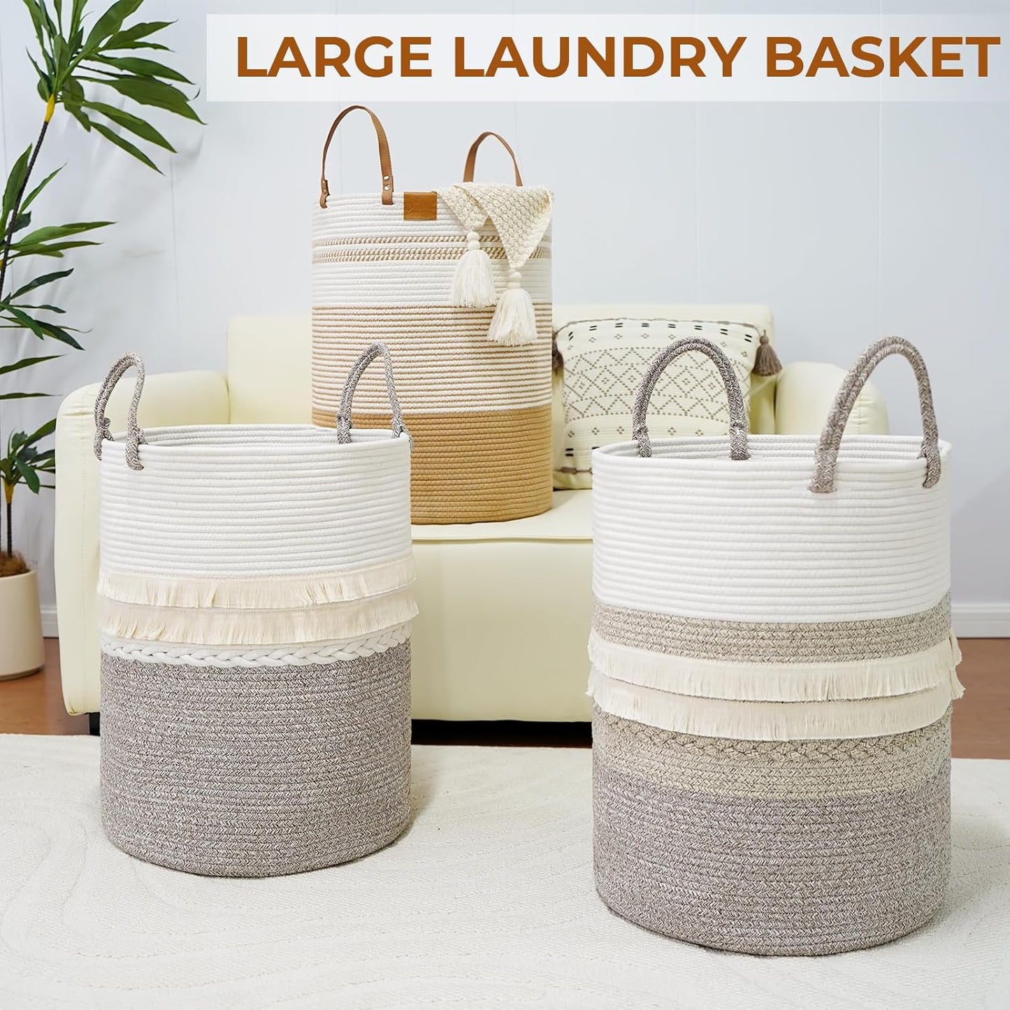 danpinera 79 L Large Laundry Basket, Tall Woven Cotton Storage Hamper with Handles, Dirty Clothes Hamper in Bathroom, Decorative Storage Basket for Living Room Gradient Brown
