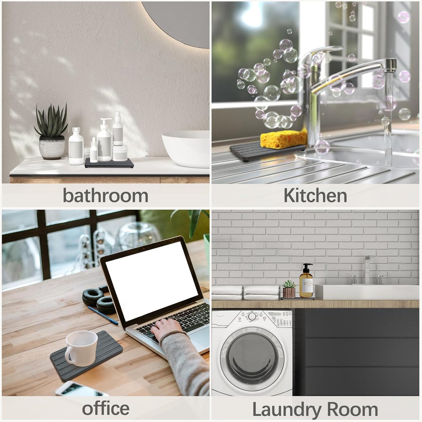 Set of 4 Bathroom Vanity Tray, Quick-Dry Diatomite Kitchen Tray with Non-Slip Pads | Water Absorbing Stone Used for Soap, Sponges, Cosmetics | Eco-Friendly Bath Sink Organizer