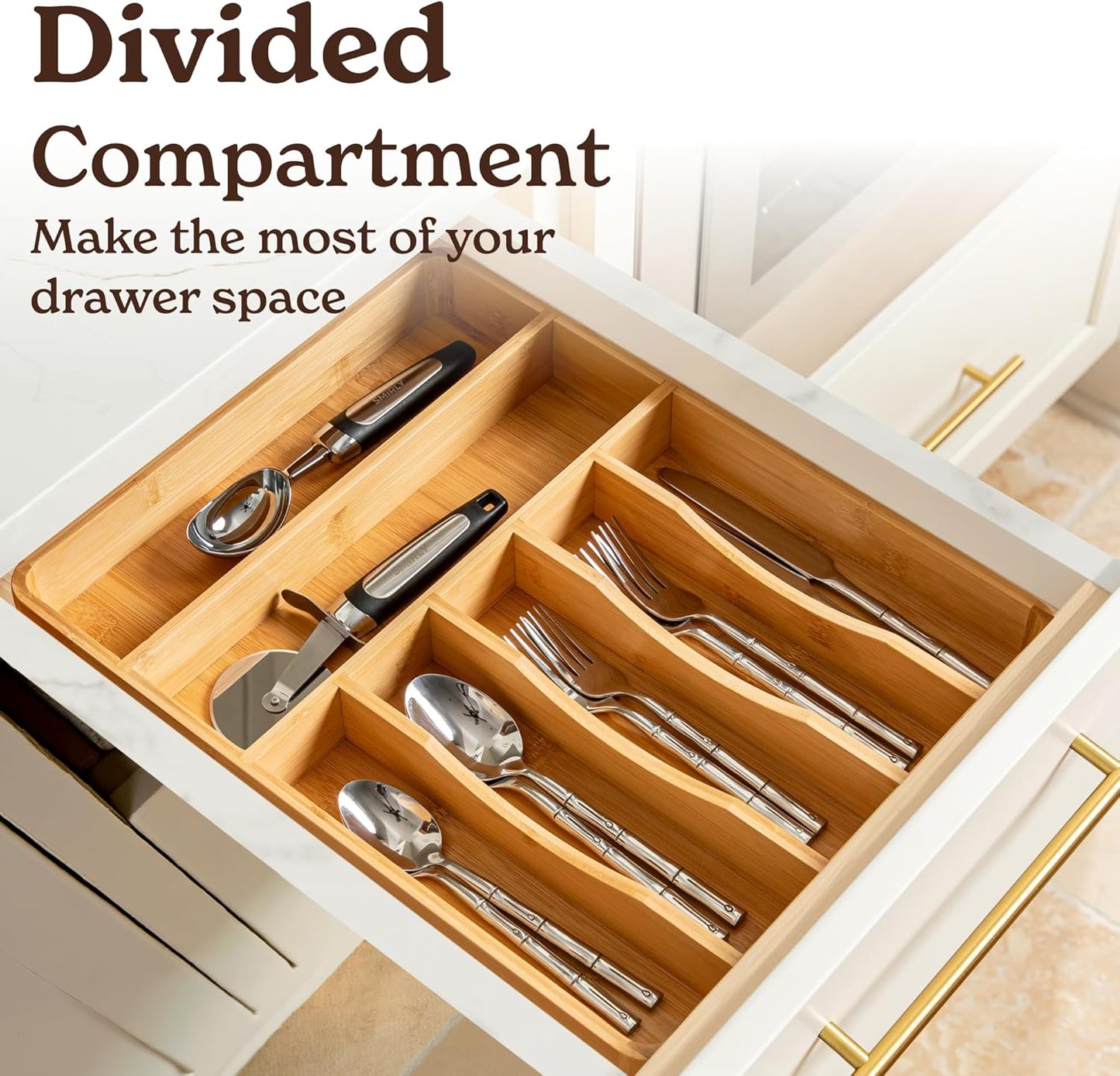 SMIRLY Silverware Drawer Organizer – Bamboo Kitchen Drawer Organizer, Adjustable Utensil Holder and Cutlery Tray, Drawer Dividers for Flatware and Kitchen Utensils
