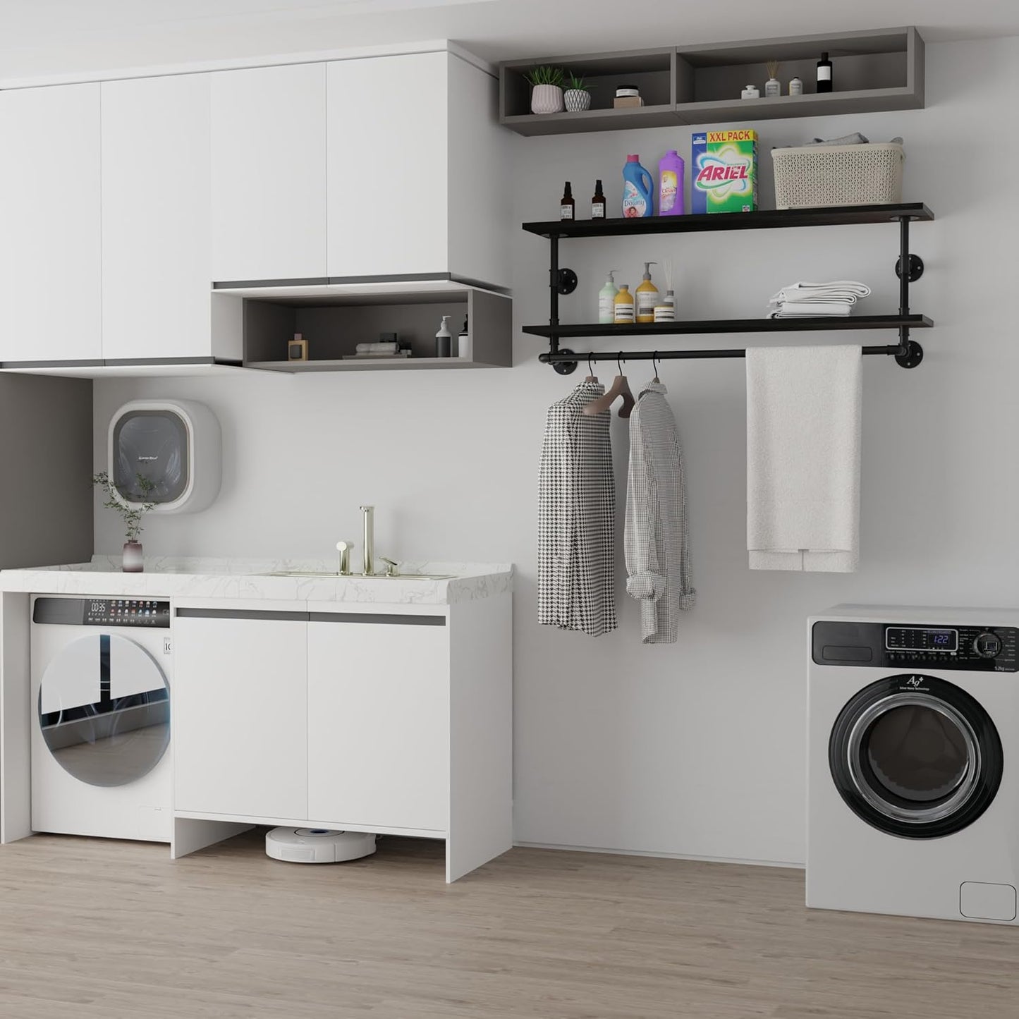 Black Clothes Rack 48in, 2-Tier Wall Mounted Garment Rack with Real Wood Shelf, Heavy Duty Hanging Clothes Rack, Multi-Purpose Hanging Rod, Space-Saving Closet Storage