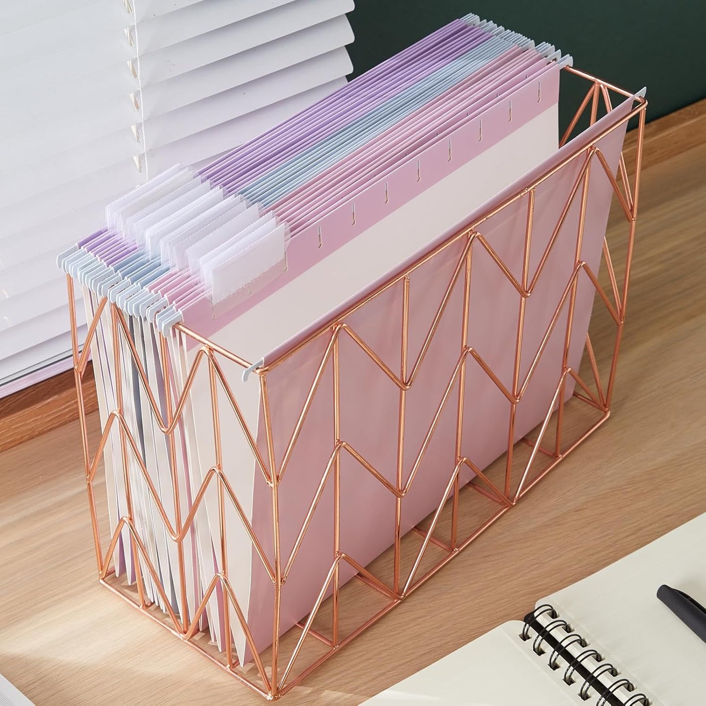 Hanging Rose Gold File Organizer, equipped with 12 letter sized hanging folders, file baskets, file boxes, storage boxes, office and study supplies, blue