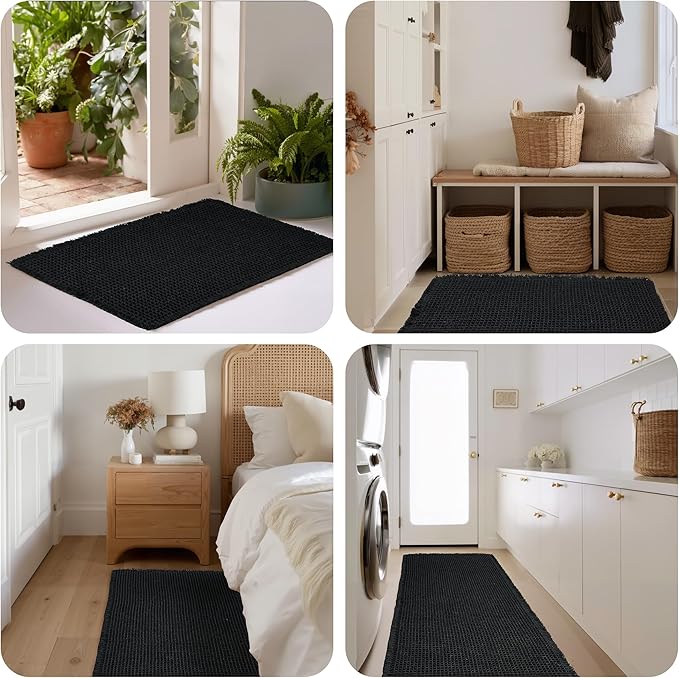 KGORGE Waffle Bath Mat for Bathroom Tub, Black Non Slip Dry Fast Ultra Soft Bathroom Runner Rug, Rubber Backed Super Absorbent for Kitchen Floor Bathtubs Shower, Black, 17" W X 24" L 1pc