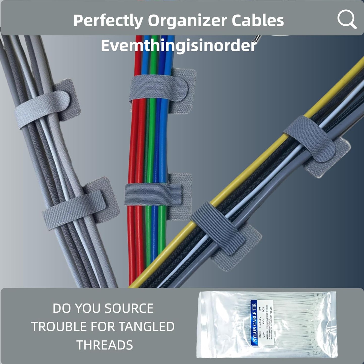 Management Kit Adhesive Hook Loop Straps, Reusable Cable Ties, Cord Org 40 pcs - for Desk/UnderDesk, Home Office, InWall, Kitchen - Wire Clips for Cords,Electronics,Appliances,PC w/100 pcs Cable Tie