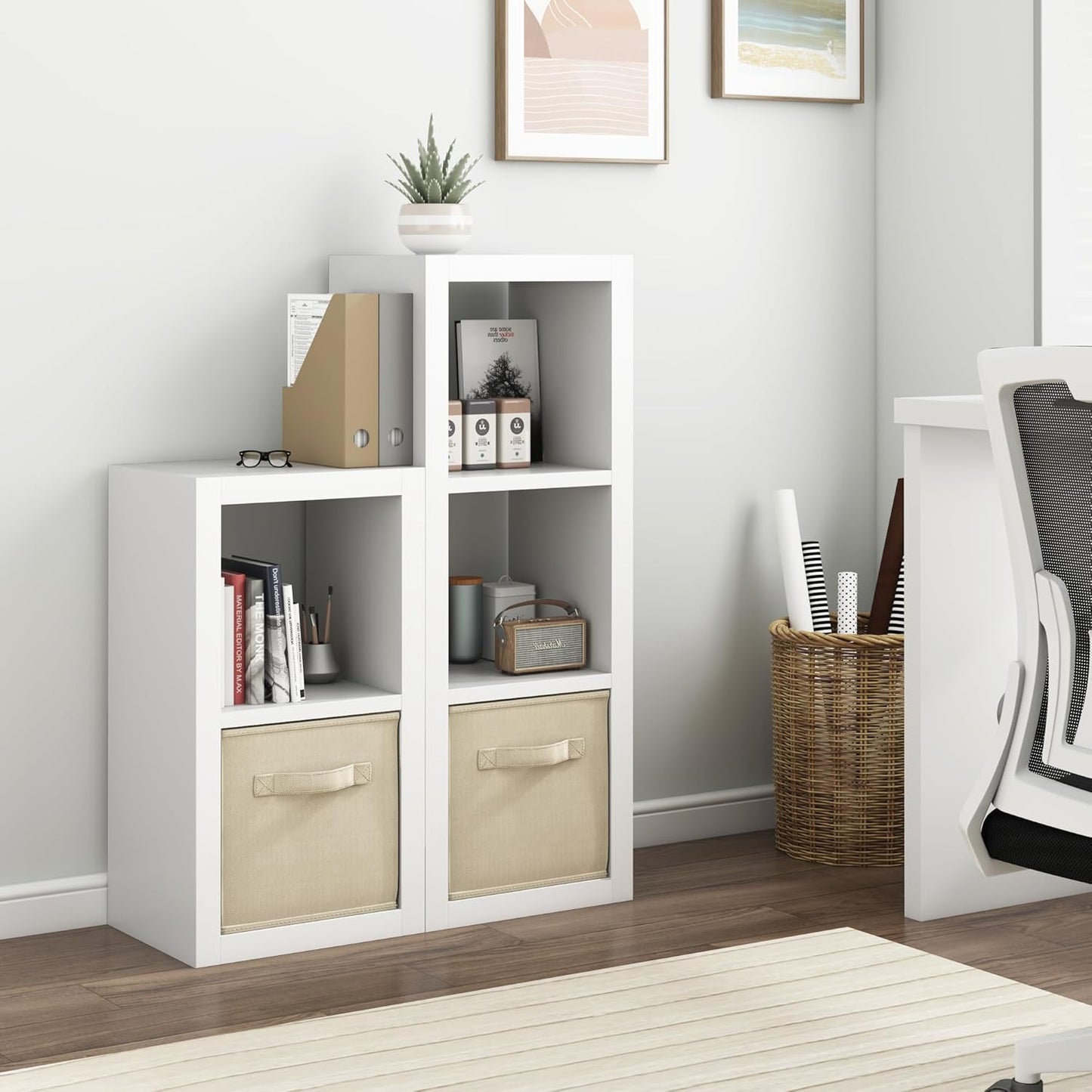 furtble 3 Cube Storage Organizer Shelf with Bins, White 3 Tier Bookcase with Fabric Storage Bins, Morden Bookshelf for Bedroom, Living Room, Closet, Office, 11.5" D x 11.5" W x 37.67" H