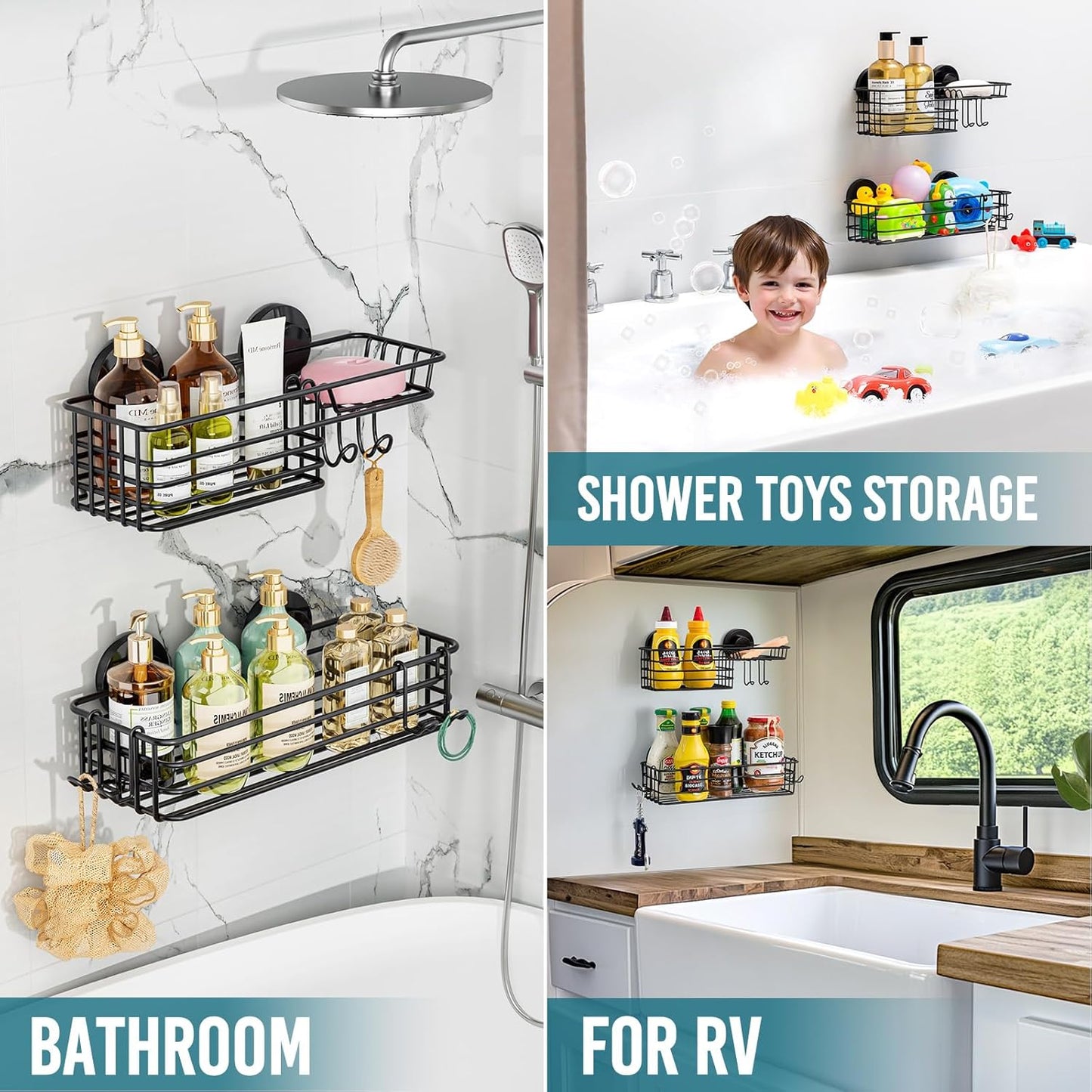 TAILI Shower Caddy Suction Cup 2 Pack with Hooks & Soap holder, Heavy Duty Shower Organizer for Bathroom, No Drilling Bathroom Organizer with Large Capacity, Black Metal Storage Basket