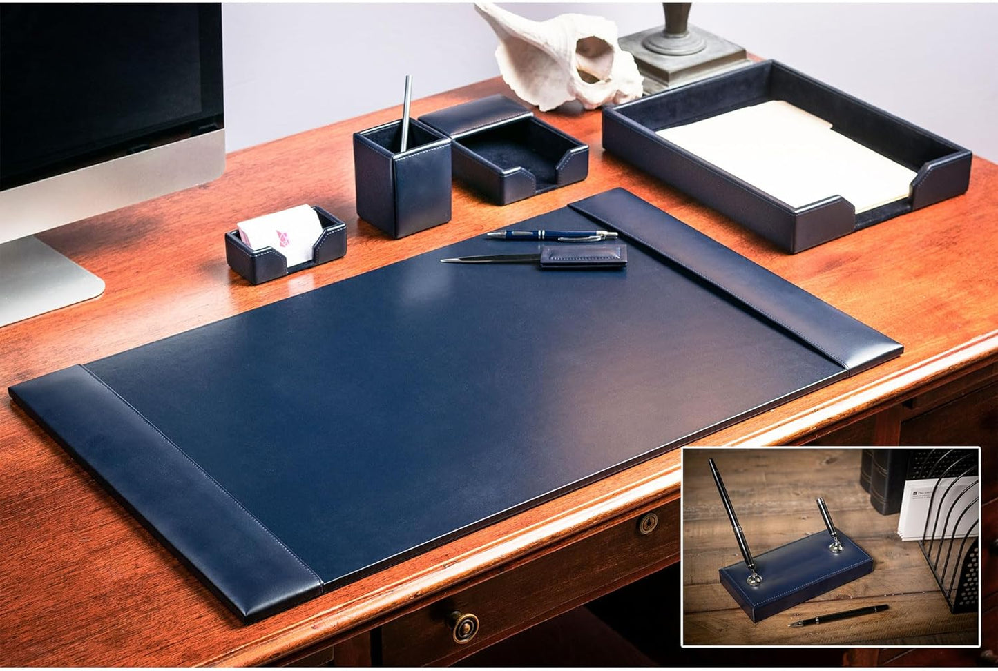 Dacasso Bonded Set Luxury Leather Desk Pad & Desk Organization Essentials, 7 Piece, Navy Blue
