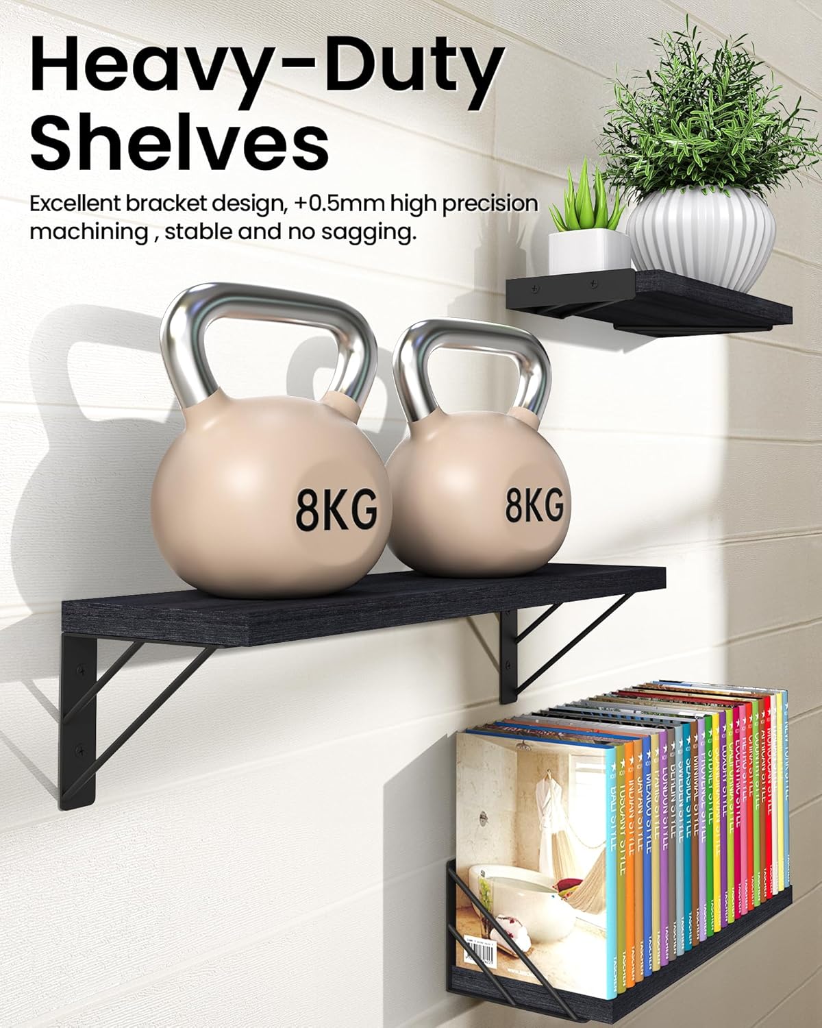BAYKA Wall Mounted Floating Shelves, Wood Floating Wall Shelf for Books & Decor, Small Space-Saving Display & Organizer(Black,Set of 3)