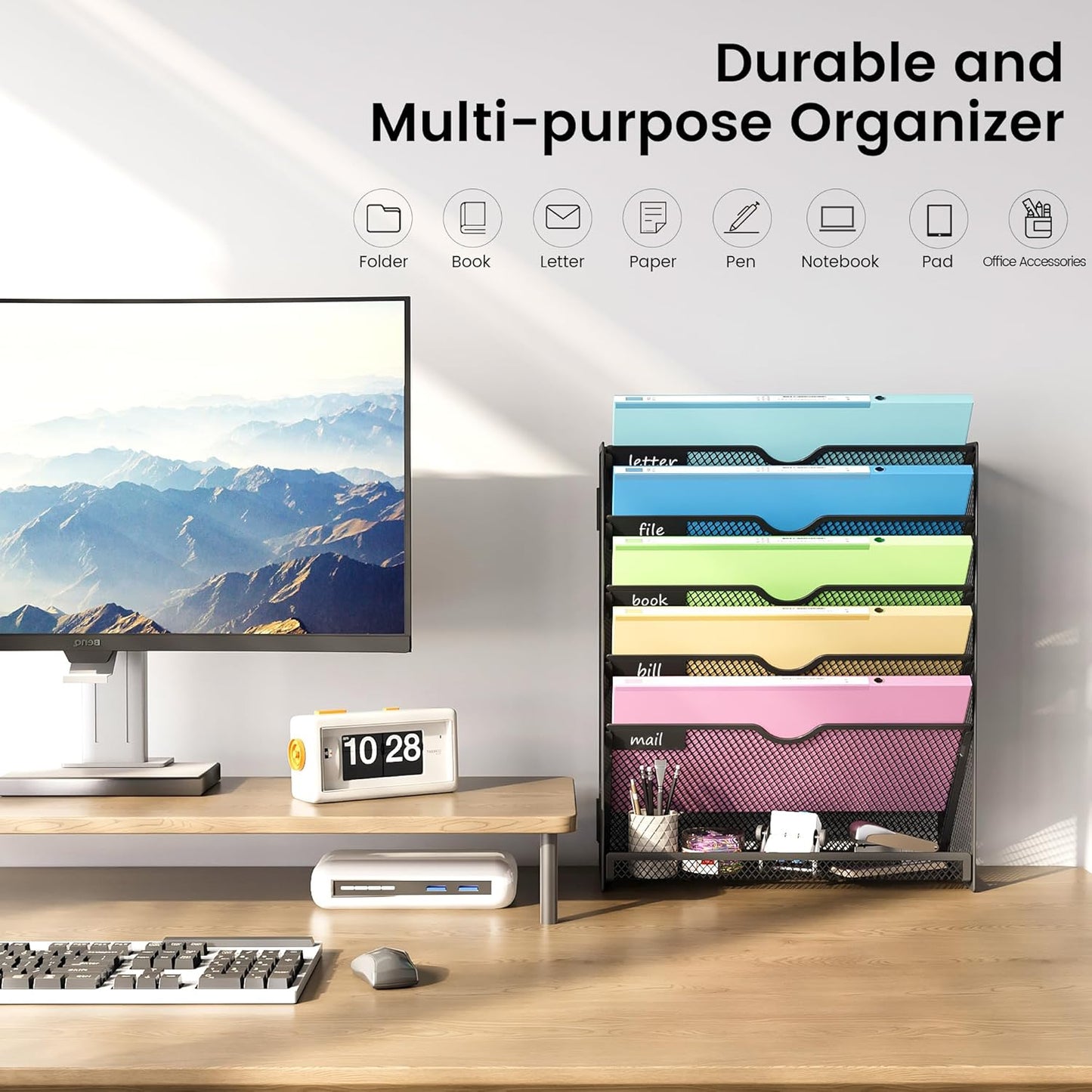 Hanging Wall File Organizer for Wall Mounted Mail Paper Folder Holder Document Organization Stand Desk File Organizer Tray for Office & Home Cubicle Countertop 6 Tier Black