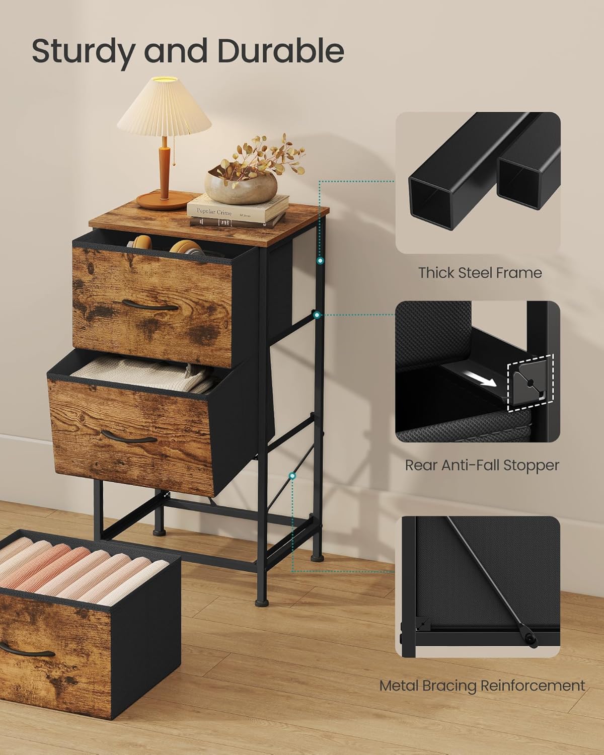 SONGMICS Dresser for Bedroom, Chest of Drawers, Steel, MDF, 3 Non-Woven Fabric Drawers, Storage Organizer Unit, Closet, Entryway, Rustic Brown and Ink Black ULGS313B02S