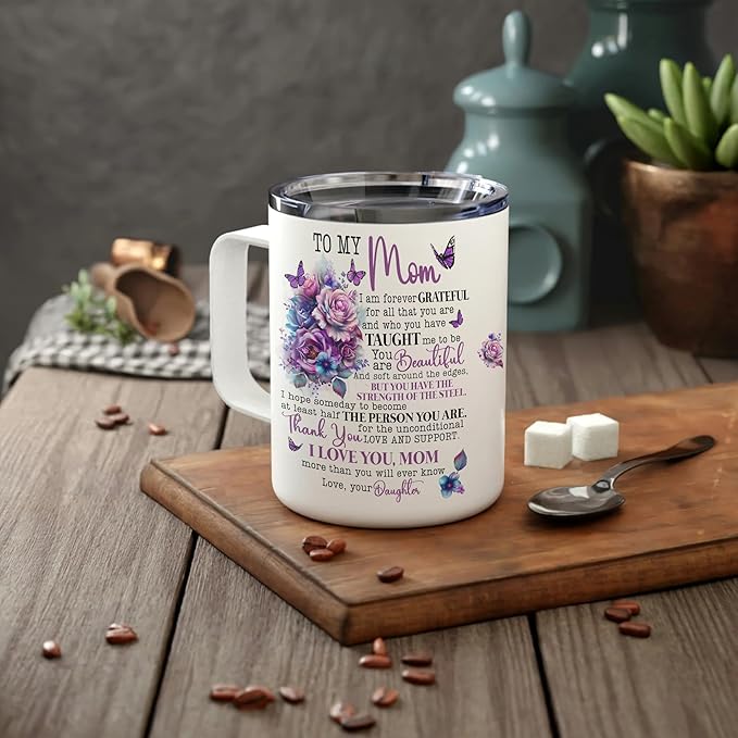 Hyturtle Mom Mug With Lid & Spoon Gifts from Daughter, 12oz Insulated Stainless Steel, Christmas Birthday Gifts for Mom Mother, Unique Purple Butterfly Gifts For Women Gift Coffee Tea Travel Cup