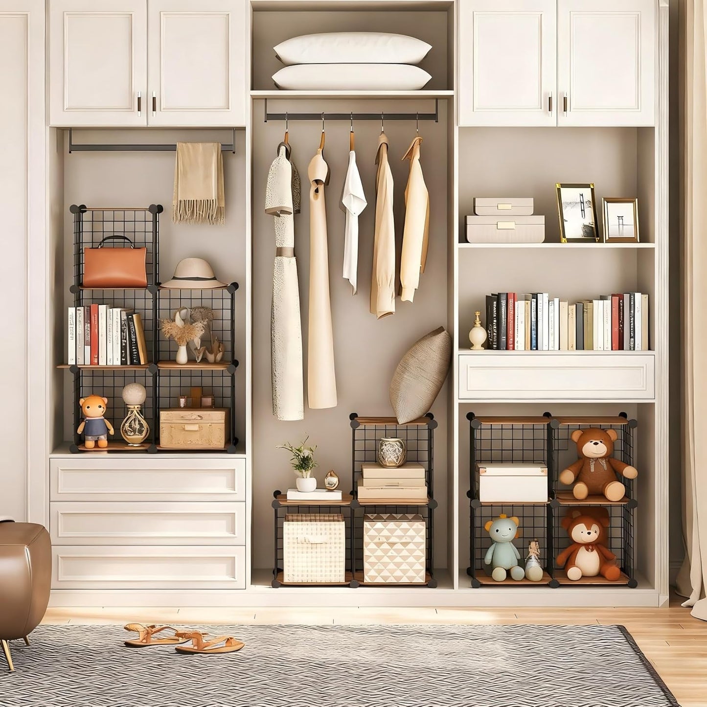 HOOBRO Cube Storage Organizer, Wire Cube Storage, 9-Cube Metal Grid Storage Shelf, Modular Cabinet, DIY Cube Storage Organizer, for Living Room, Bedroom, Study, Rustic Brown and Black BF09CW01