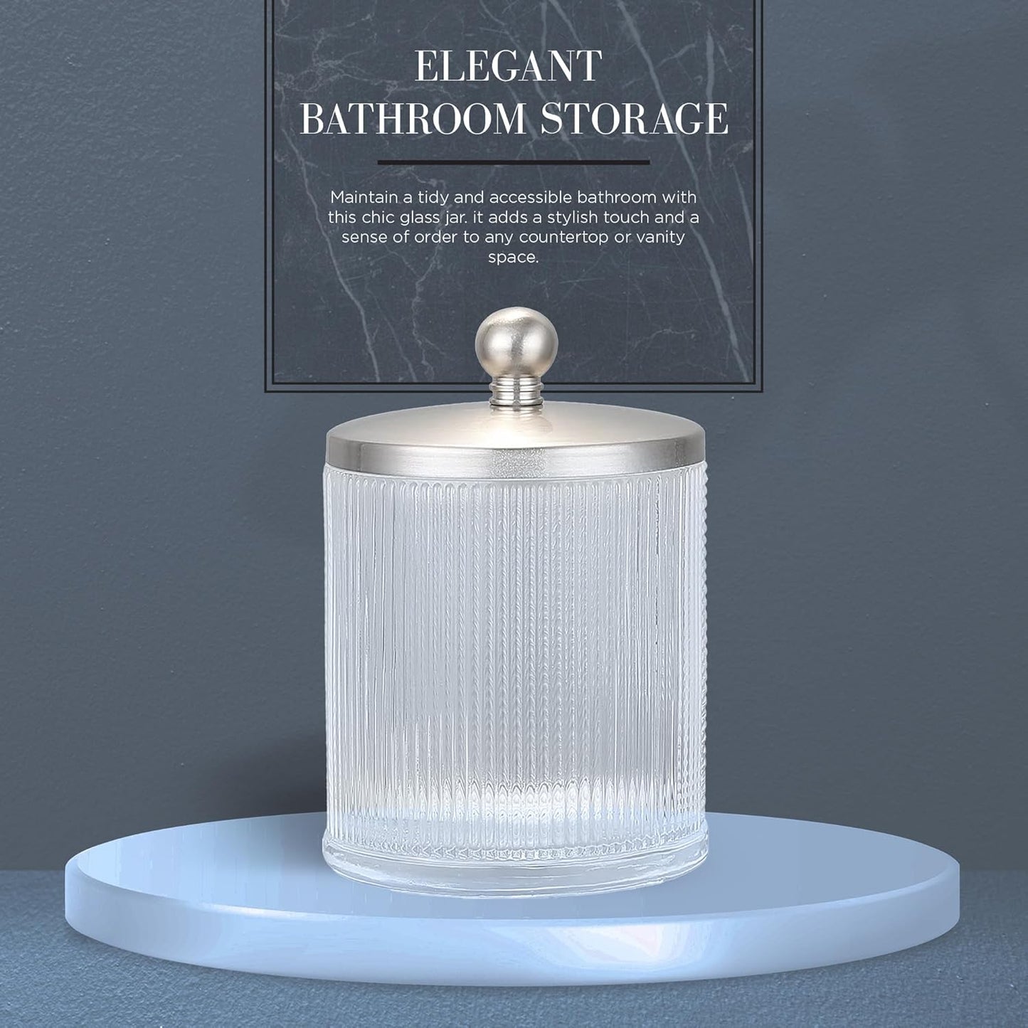 Clear Transparent Apothecary Ribbed Geometric Etched Glass Jar W/Satin Nickel Metal Lid for Bathroom Organization, Cotton Balls, Q Tips, and Small Accessories, Bathroom Storage
