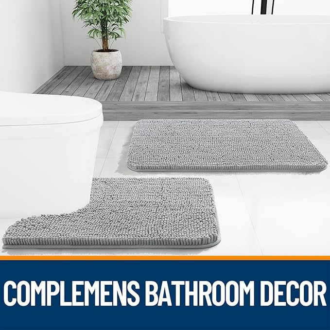 OLANLY Bathroom Rugs 45x27, Extra Soft Absorbent Chenille Bath Rugs, Rubber Backing Quick Dry, Machine Washable Bath Mats for Bathroom Floor, Tub and Shower, Home Decor Accessories, Light Grey