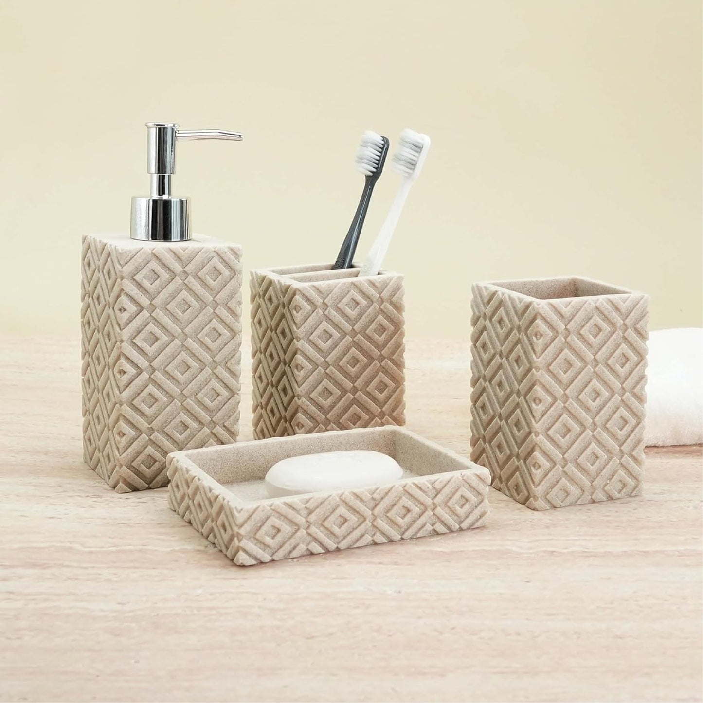 4-Piece Bathroom Accessory Set – Modern Resin & Sandstone Vanity Organizer, Vintage Texture Lotion Dispenser, Toothbrush Holder, Tumbler, Soap Dish (Beige)